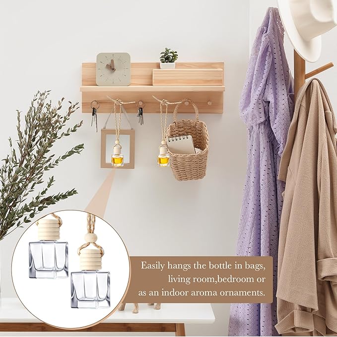 BBTO 200 Pcs Hanging Car Diffuser Bottles Bulk Empty Clear Glass Air Freshener Bottles with Wooden Cap for Perfume Essential Oils Fragrance Aromatherapy Ornament(Cube)
