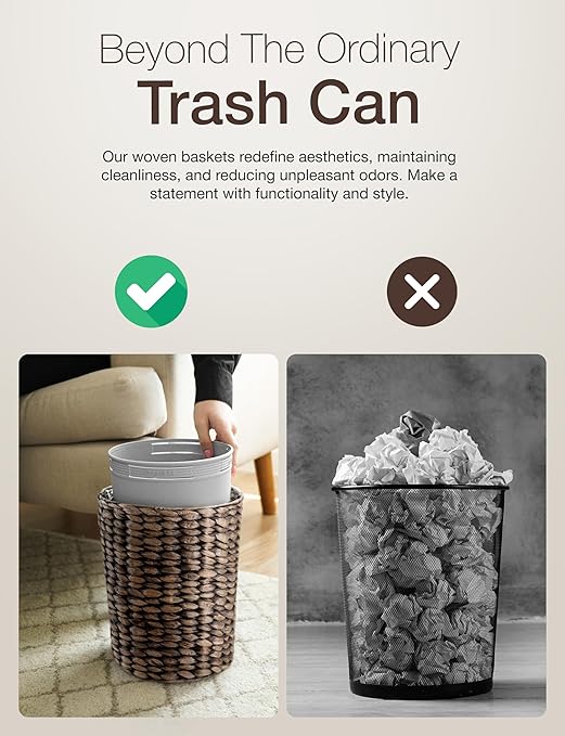 2 Gallons Wicker Waste Basket - Water Hyacinth Bathroom Trash Can - Garbage Can with Lid Boho Style - Wicker Trash Can with Lid for Bedroom Kitchen - Removable Liner Handwoven (Black Color)