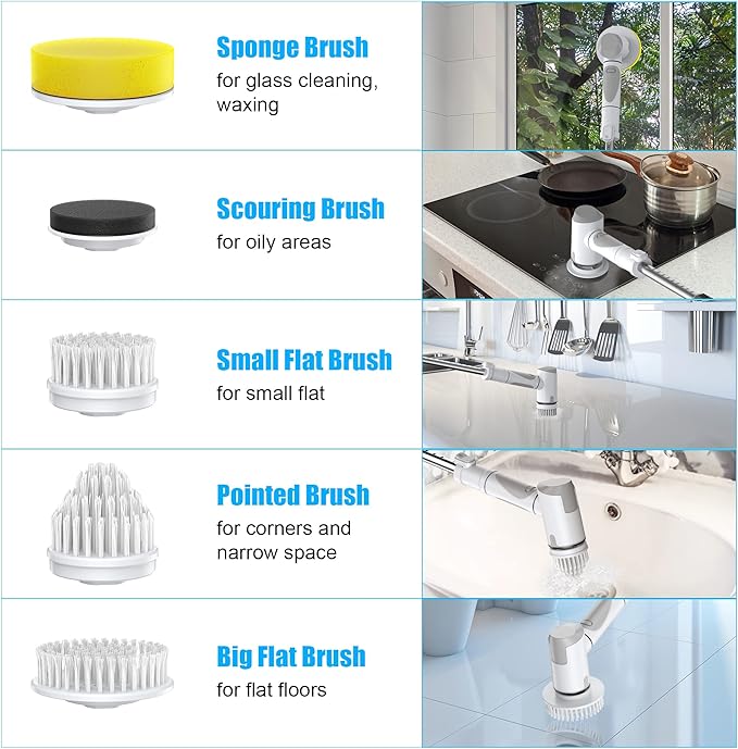 Electric Spin Scrubber Scrub Brush Dual Speed Power Shower Scrubber with 6 Replacement Head Cordless Cleaning Brush with Extension Handle for Bathtub Grout Tile Floor White