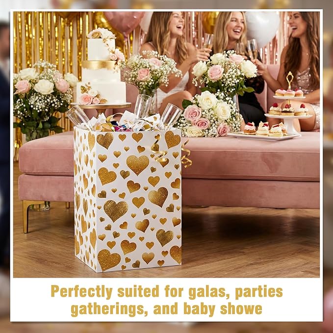 Tinlade 6 Pack 13 Gallon Golden Heart Disposable Trash Cans for Parties Extra Large Thick Waterproof Pop up Recycling Bins Foldable Garbage Bins for Wedding Baby Shower Birthday Party