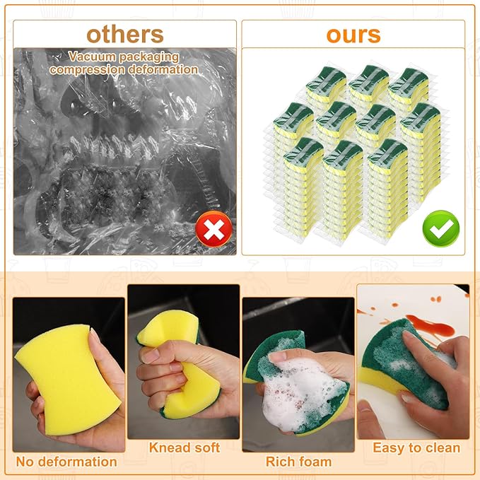 200 Pcs Individually Wrapped SpongesUncompressed Non Scratch Scrouing Sponges for Household Cleaning Dishes Kitchen Airbnb Apartment Car Bike