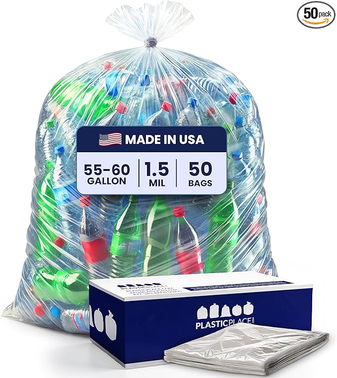 Plasticplace 55-60 gallon Trash Bags │ 1.5 Mil │ Clear Heavy Duty Garbage Can Liners │ 36” x 58” (50 Count) (T55415CL)