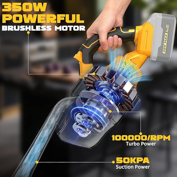 Cordless Vacuum Cleaner Compatible with Dewalt 20V Battery (No Battery) 50kPa 125AW Strong Suction | 5 HEPA Filters | 4-in-1 Nozzle | 65CFM Brushless Handheld Vacuum for Home Car Pet (Tool Only)