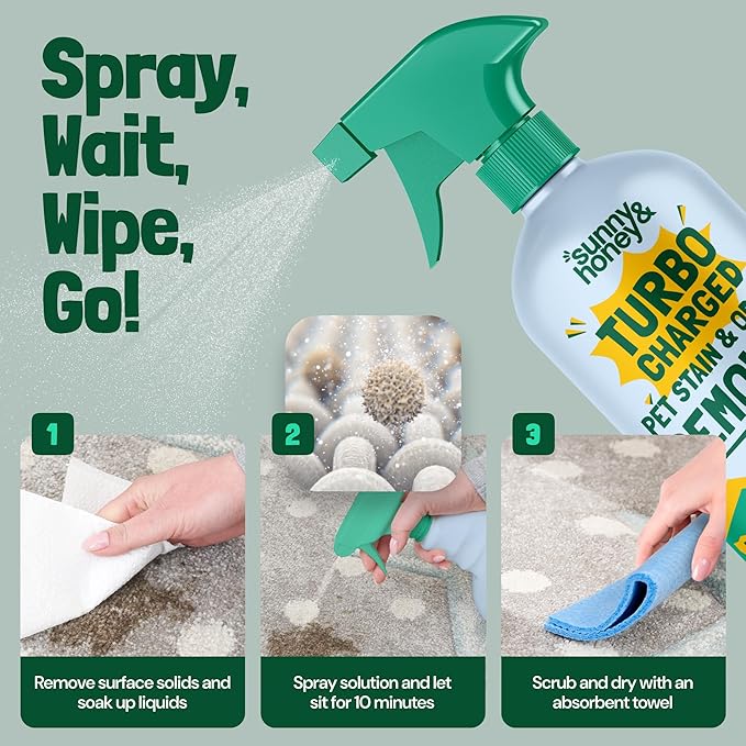 Sunny &amp Honey Turbo Pet Stain and Odor Remover - 40% More Enzymes - Enzyme Cleaner for Dog Urine and Poop on Carpets and Furniture - Pet Carpet Cleaner Spray (32fl oz Mint)