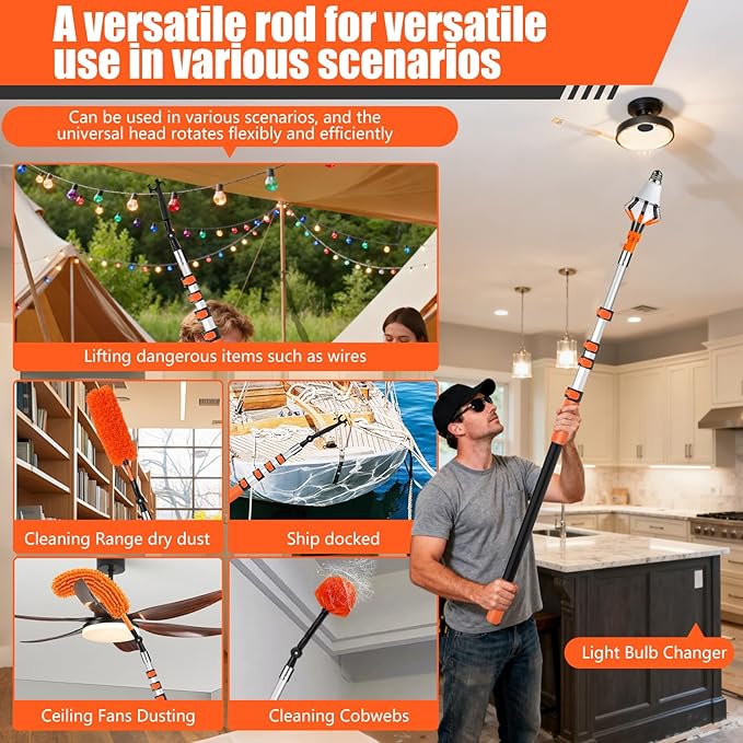 26FT Light Bulb Changer for High Ceilings with 5-20FT Heavy Duty Extension PoleHigh Ceiling Fan Duster Extendable Reusable CobwebFeatherWindow Cleaning Squeegee Kit for Home &amp HouseInterior Ro