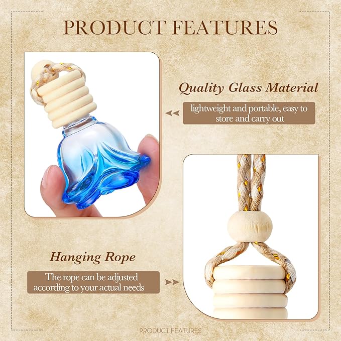 BBTO 50 Pcs Hanging Car Air Freshener Diffuser Bottles Empty Glass Perfume Bottle Pendant for Essential Oil (Colorful Rose)
