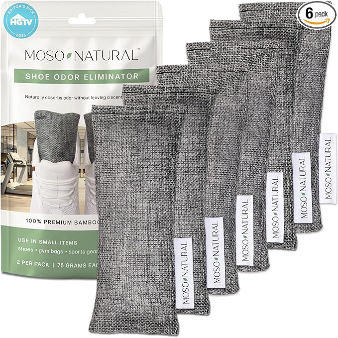 Moso Natural Shoe Deodorizer Insert (3 Pack) Charcoal Odor Absorber for Shoes Gym Bag &amp Boot Deodorizer Long-Lasting Shoe Odor Elimination Unscented Air Purifying Bags (Two Per Pack. 6 Total)
