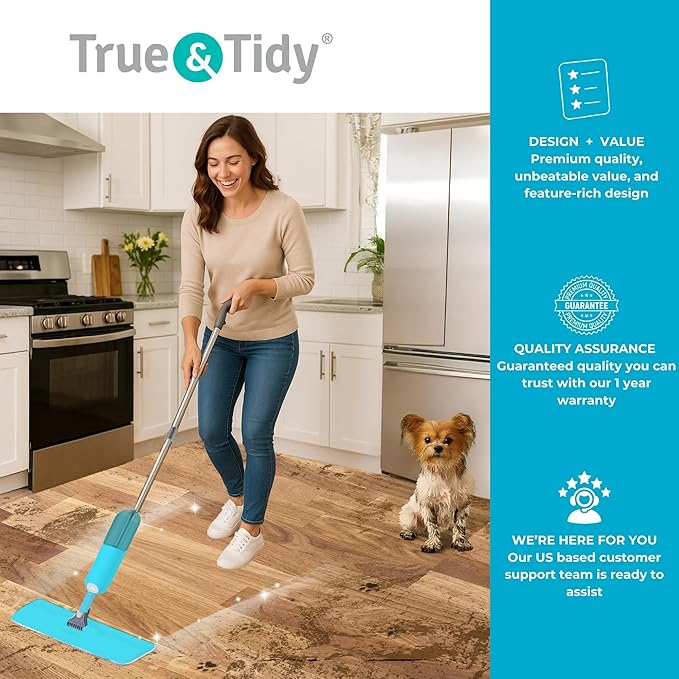 True &amp Tidy® SPRAY-250 Multi-Surface Spray Mop with Refillable Water Bottle for Floor Cleaning Works on Wood Tile Marble etc Use Any Cleaning Solution Machine Washable Microfiber Mop Pads Bl