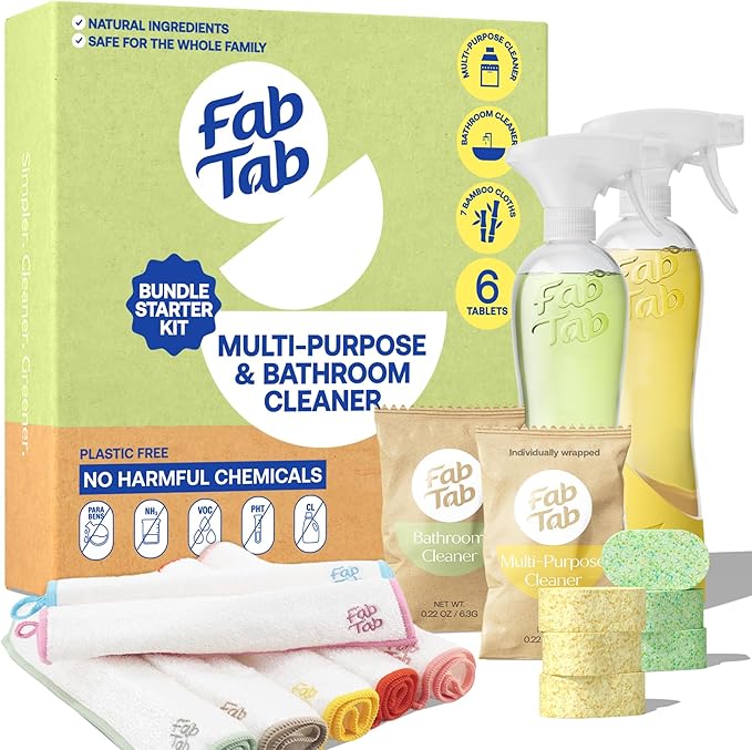 Fab Tab Bathroom and All Purpose Cleaner Tablets Bundle With Bamboo Cleaning Cloths And Coconut Sponge - Bathroom + Multi-Purpose Cleaner Tablets and Bamboo Towels Cleaning Solution