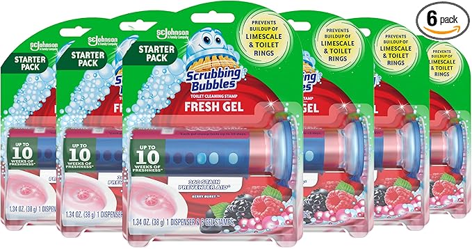 Scrubbing Bubbles Fresh Gel Toilet Bowl Cleaning Stamps Automatic &amp Continuous Bathroom Toilet Cleaner Helps Prevent Limescale Rings &amp Build-Up Berry Burst 1 Dispenser 6 Stamps (6 Pack)