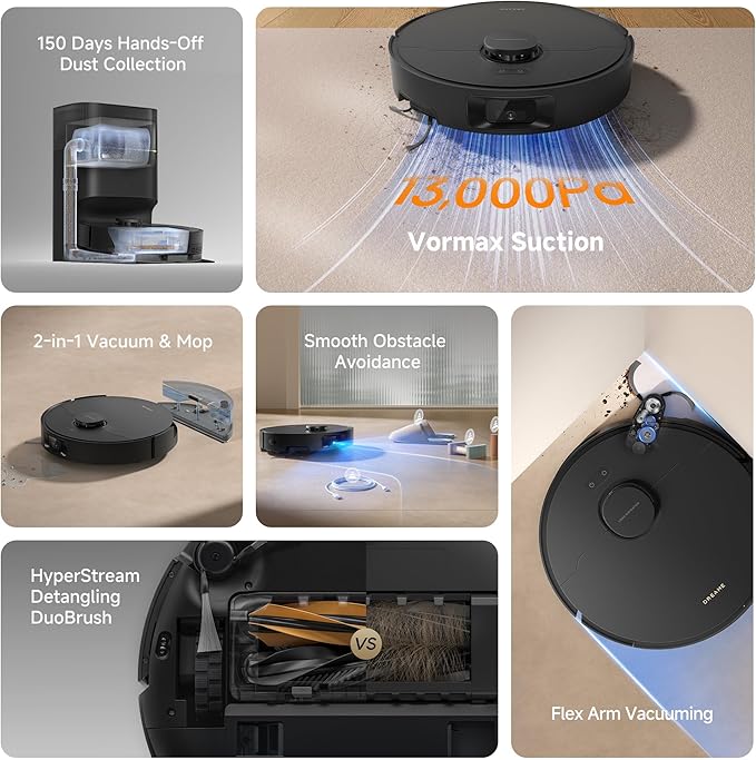 DREAME D20 Pro Plus Robot Vacuum 13000Pa Suction DuoBrush for Pet Hair Corner Cleaning Self Emptying LDS Navigation Laser Avoidance Vacuum Mop Hard Floors&ampCarpets (Black)