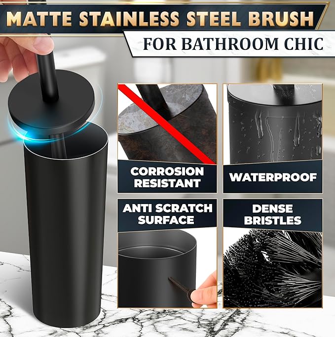 Black Toilet Brush and Holder Set - Scratch Resistant Black Toilet Bowl Brush and Holder with Soft Bristles Replaceable Head Protection from Splashes and Compact Design - for Effective Cleaning