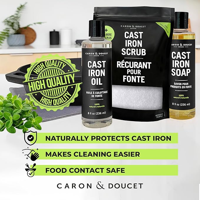 CARON &amp DOUCET – Ultimate Cast Iron Set PLUS: Seasoning Oil Cleaning Soap &amp Restoring Scrub | 100% Plant-Based &amp Best for Cleaning Care Washing Restoring &amp Seasoning Skillets Pans