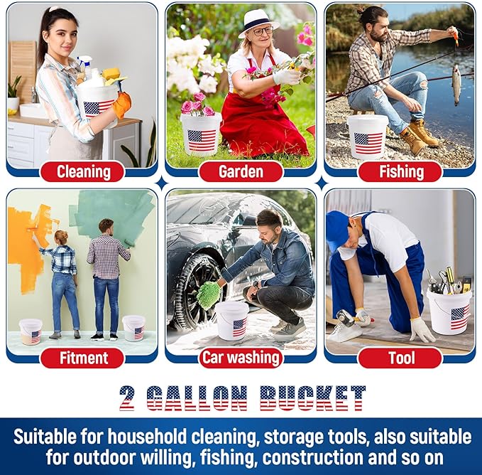 4 Pcs 2 Gallon Plastic Bucket with Lid and Handle Large White Heavy Duty Bucket with American Flag for Home Gardening Tools Household Cleaning Baseballs Storage Container