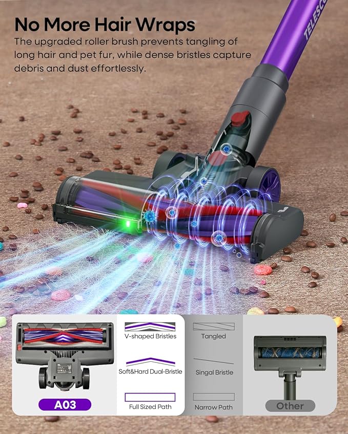 AlloyMove Cordless Vacuum Cleaner 45KPA Up to 60mins Runtime Lightweight Powerful Suction Vacuum Cleaners for Home 3 Suction Modes Rechargeable Stick Vacuum for All Floor/Carpet/Pet Hair/Car A03