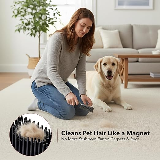 OVENTE Carpet Rake Rubber Broom for Pet Hair Removal with Squeegee Detailing Lint Fur Remover Brush Dustpan and 50” Handle Cleaning Tools Set for Rug Hardwood Floor Tile and Window Grey CT2504GY