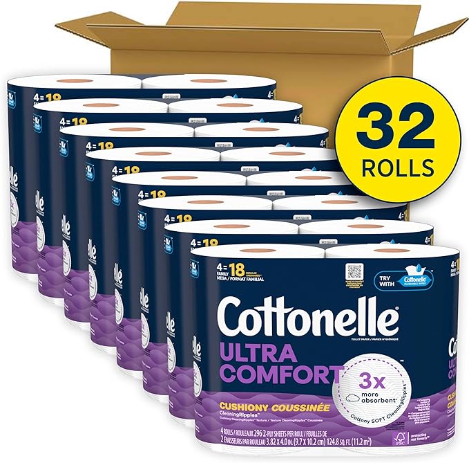 Cottonelle Ultra Comfort Toilet Paper with Cushiony CleaningRipples Texture 32 Family Mega Rolls = 144 Regular Rolls (8 Packs of 4)