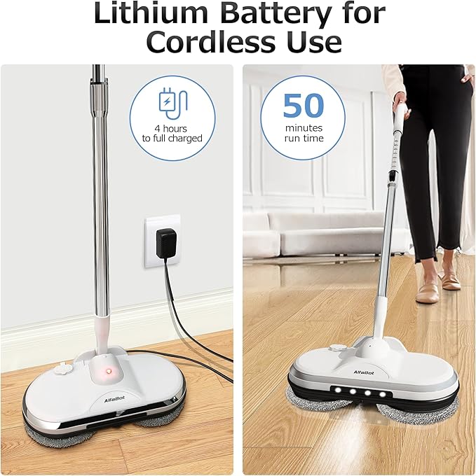 Electric Mop AlfaBot WS-24 Cordless Spin Mop for Floor Cleaning Lightweight &amp Rechargeable Floor Cleaner with Water Sprayer and LED Headlight for Hardwood and Tile Floors White