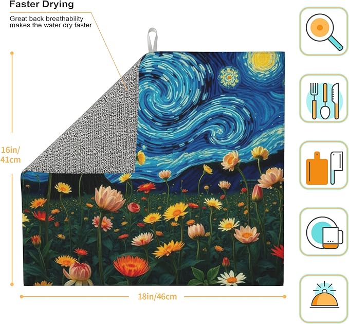 Starry Night Flowers Dish Drying Mat for Kitchen Counter 16x18 Microfiber Absorbent Fast Dry Mat 2Pcs Dish Mat Faucet Mats Sets Large Drying Kitchen Mat Kitchen Drying Pad