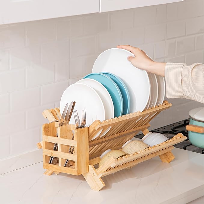 HBlife Bamboo Dish Drying Rack with Utensils Flatware Holder Set 3-Tier Large Folding Drying Holder for Kitchen Counter Collapsible Drainer