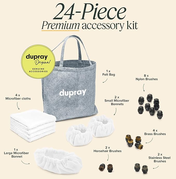 Dupray Steam Cleaning Pack Pro 24-Piece Accessory Kit for Dupray Steam Cleaners Microfiber Cloths &amp Bonnets Nylon Brass Horsehair Stainless Brushes Felt Storage Bag