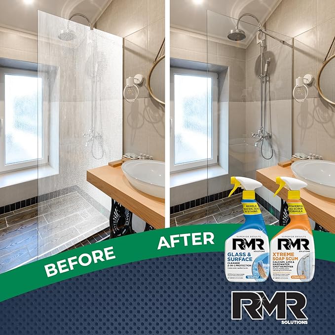 RMR Shower Shield Power Pack – Glass &amp Surface Cleaner/Repellent + Xtreme Soap Scum Remover Multi-Surface Cleaning Kit for Bathroom Tile Glass &amp Surfaces 2–32 Oz Bottles