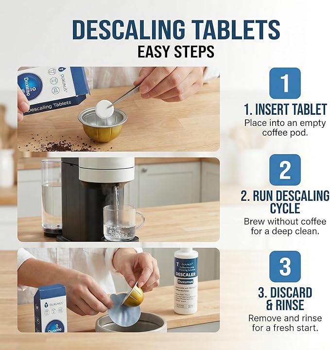 Descaling Solution Kit Compatible with Nespresso Vertuo Coffee Machines 16.9 fl Oz Descaler (4 Uses) 8 Cleaning Tablets &amp 8 Aluminum Foil Lids Complete Maintenance Set (1)