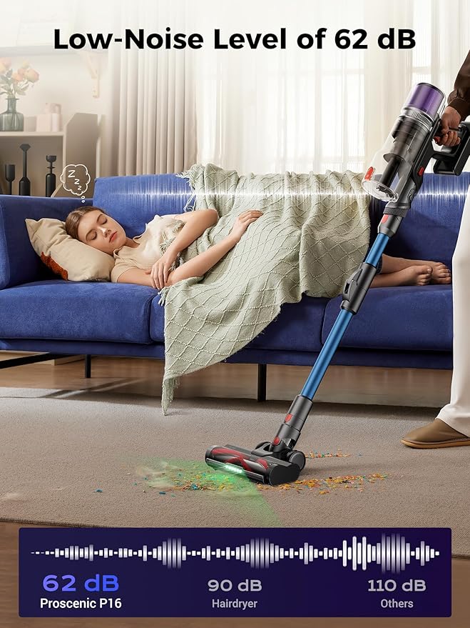 Proscenic Cordless Vacuum Cleaner 45Kpa 55Mins Runtime 180°Bendable Wand Vacuum Cleaners for Home with Green Light Anti-Tangle Brush Rechargeable Lightweight Stick Vacuum for Pet Hair P16(Blue)