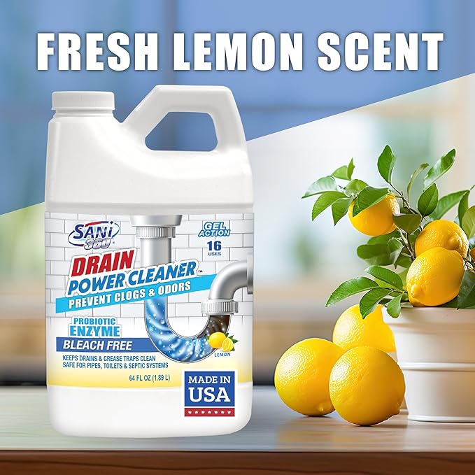 Sani 360 Drain Power Cleaner and Maintenance Enzyme Probiotic Odor remover Drain and Garbage Disposal Cleaner Flush Away Grease Soap Scum Lemon scent Septic safe. 16 uses Made in the USA