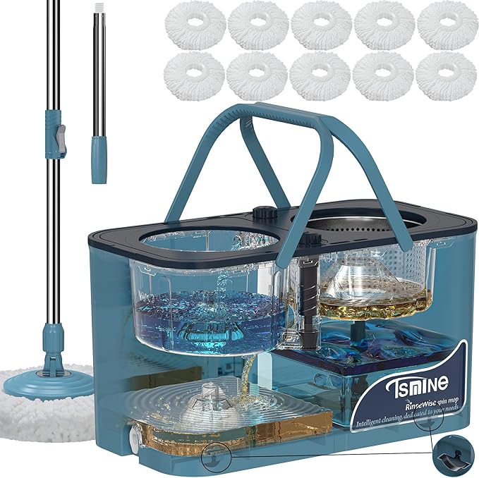Gen 1 Large-Capacity Spin Mop and Bucket – for Big Homes &amp Deep Cleaning Days4-Chamber System Separates Dirty &amp Clean Water 2-GAL Heavy-Duty Design with Wheels &amp 10 Refill Mop Heads - Bl