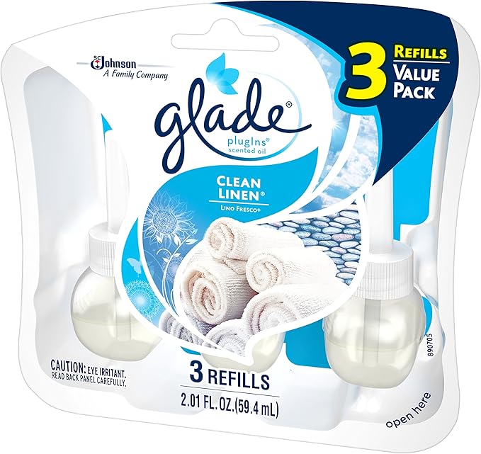 Glade PlugIns Refills Air Freshener Starter Kit Scented and Essential Oils for Home and Bathroom Clean Linen 4.02 Fl Oz 2 Warmers + 6 Refills