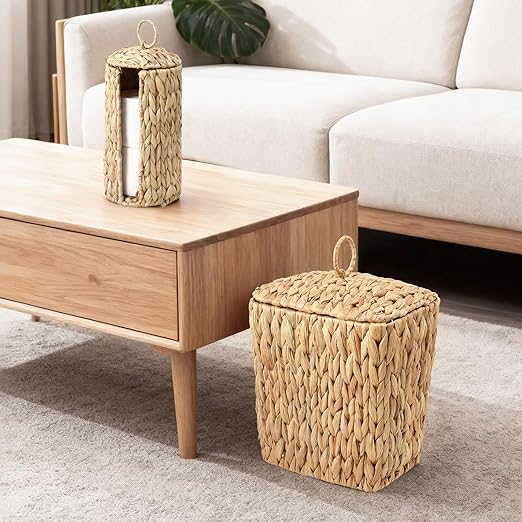 Wicker Waste Basket and Toilet Paper Holder 2.5 Gal Handwoven Water Hyacinth Trash Can with Lid Garbage Bin Toilet Paper Storage Woven Rustic Decorative for Bedroom Bathroom Office Living Room
