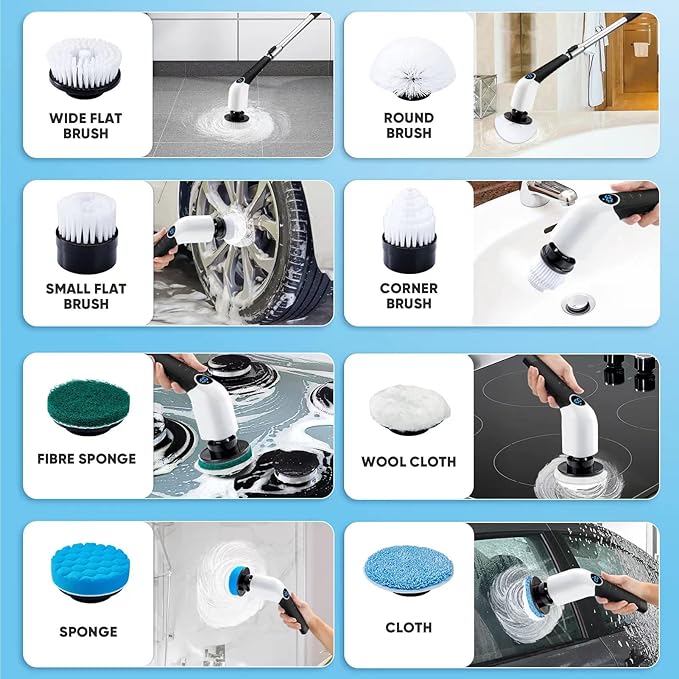 Electric Spin Scrubber Cordless Cleaning Brush Power Shower Scrubber Long Handle Extendable Handheld Electric Scrubber for Bathroom Floor Tub Tile with 8 Replaceable Brush Heads &amp Hook