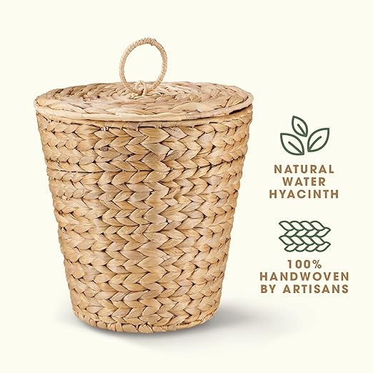 3 Gallon Wicker Trash Can with Liner and Lid - Rattan Trash Can - Wicker Waste Basket for Bathroom Bedroom Kitchen Living Room
