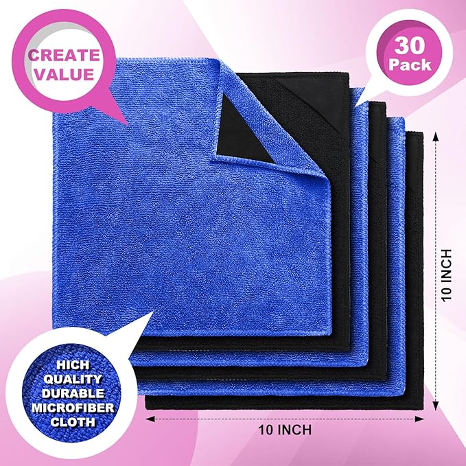 Tudomro 30 Pcs Magnetic Microfiber Cleaning Cloth Dry Erasers Bulk for Most Whiteboards Dry Erase Cloth Cleaner Reusable Home Office 10'' x 10''(Black Blue)