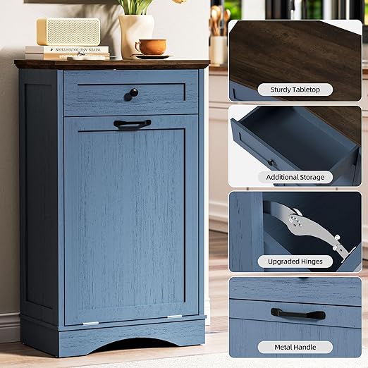AHB 13 Gallons Tilt Out Trash Cabinet Hidden Trash Can Cabinet Freestanding Garbage Recycling Cabinet with Hideaway Drawer Pet Proof Trash Bin for Kitchen Living Room Blue