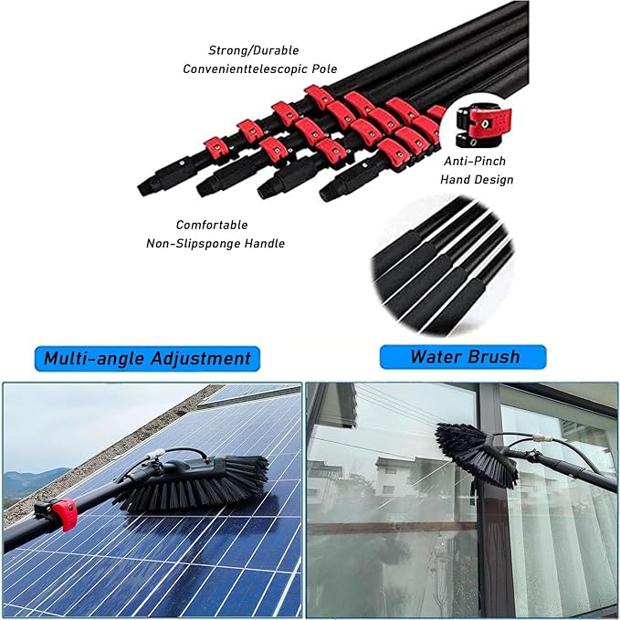 Window Cleaning Wand Water Feeding Telescopic Brush for Pv Panel Cleaning - 12m/40ft Roof Cleaning Tool Window Cleaner Kit35cmbrushhead-6M/20FT