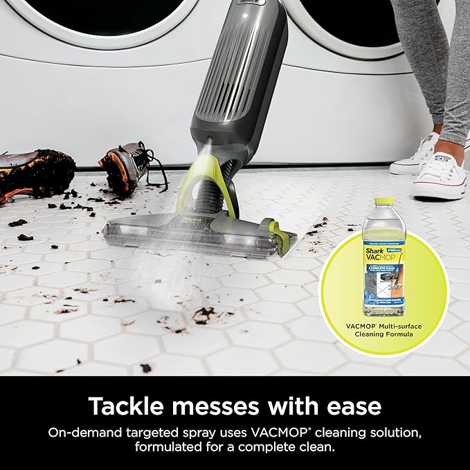 Shark VACMOP Cordless Hard Floor Cleaner Vacuum and Spray Mop Powerful Suction Lightweight LED Headlights Includes 4 Disposable Pads 12oz Multi-Surface Cleaning Solution Gray VM252