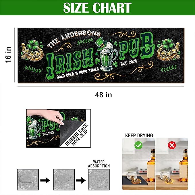 THUYPT Personalized Irish Drying Mat for St Patrick's Day Decor Irish Bar Pub Accessories Spill Mat Countertop Bar Shamrock Dish Drying Mat for Bar Counter Absorbent Coffee Maker (07)