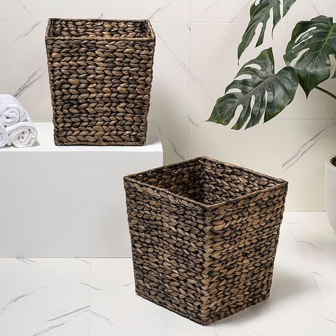 happimess HPM1402B-SET2 Theo Coastal Farmhouse Handwoven Water Hyacinth 4.8-Gallon Tapered Square Wicker Watebasket Brown (Set of 2)