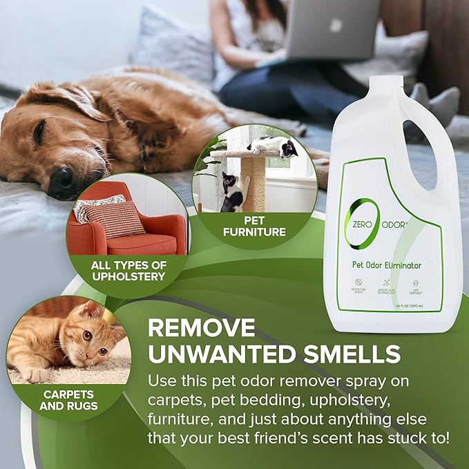 Zero Odor - Pet Odor Eliminator for strong odor Eliminate Air &amp Surface Odors – Patented Molecular Technology Best For Carpet Furniture Beds Smell Great Again 64oz Refill