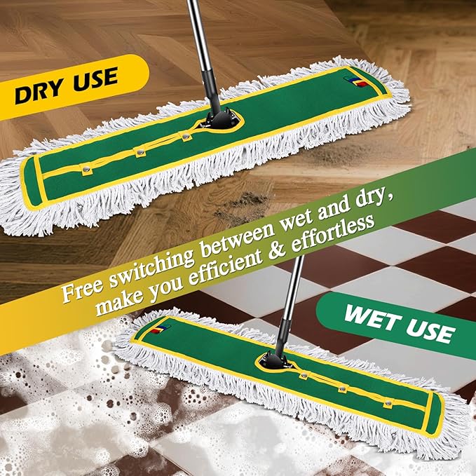 42 Commercial Dust Mop for Floor Cleaning MASTERTOP Large Flat Mop with Long Handle Sweeping Broom with 2 Different Mops Pads Industrial Mop for Hardwood Tile Gym Office Mall Warehouse