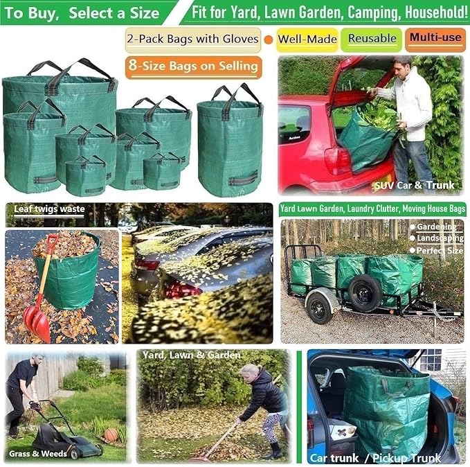 Professional 2-Pack 72 Gallon Big Lawn Garden Bags (D26H30 inch) Yard Waste Bags with Gardening Gloves for Leaf BagYard DebrisGarden PruningLawn Trash ContainerGrass ClippingsWeeds Bag 4 Handles