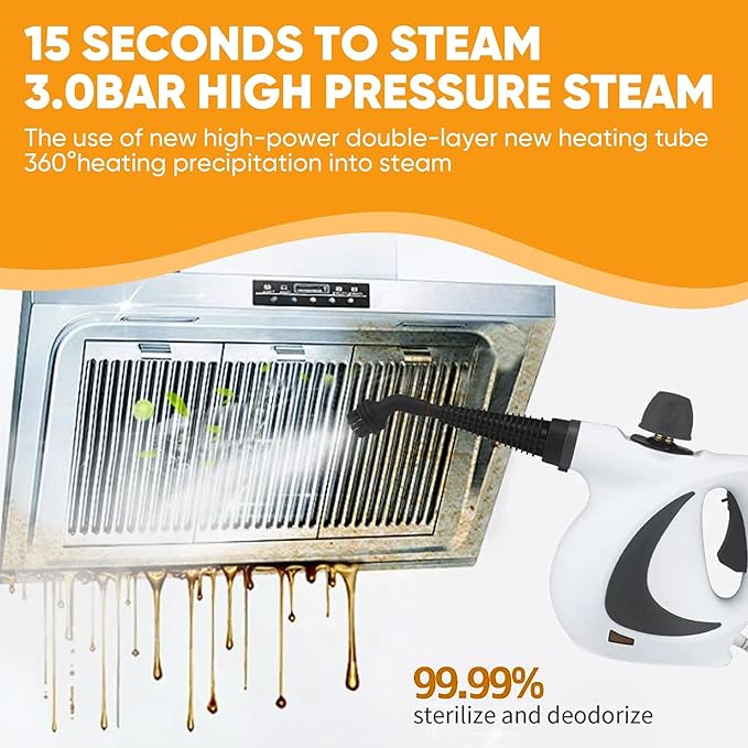 Saker Plus Handheld Steam Disinfection Cleaner-1500W High Pressure Multi-Surface steam cleaner handheld with 9 Attachments for Home Kitchen Bathroom Tile Grout Upholstery (Cleaner + 12 fiber cloth)