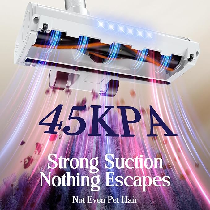 Cordless Vacuum Cleaner Stick Vac with LED Touch Screen 45KPA Powerful Suction Up to 60 Mins Runtime 7-Stage HEPA Filter V-shaped Anti-Tangle Brush (Renewed)