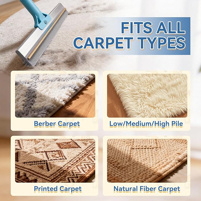 BFNN Carpet Rake for Pet Hair Removal | Reusable Dual-Action Carpet Broom Tool with Metal Scraper &amp Silicone Brush | 54 Adjustable Handle | 3Pcs Cat &amp Dog Fur Cleaning Kit for Rugs Couch &am