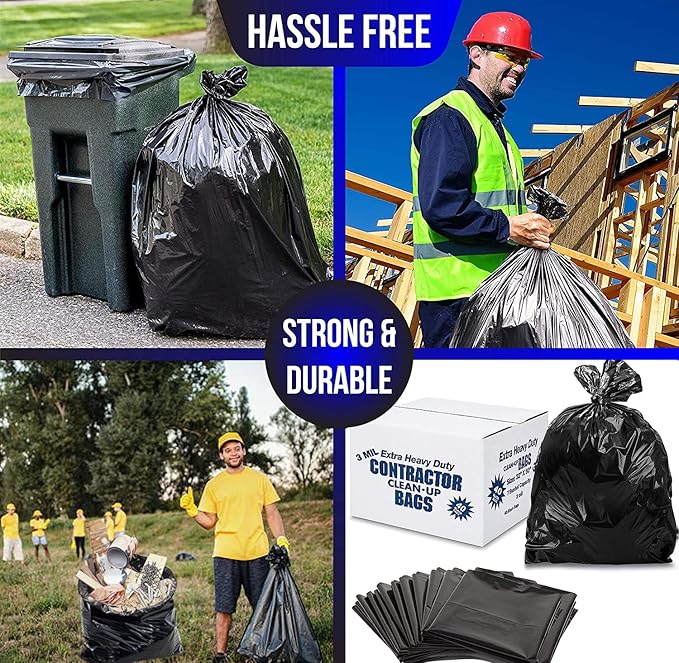 Contractor Construction Garbage Bags - Large Black Trash for Construction Moving Cleaning Heavy Duty 3 Mil Thick Plastic Bag 42 Gallon 32x50'' 40 Count (Pack of 1) (ContractBags4240ct)