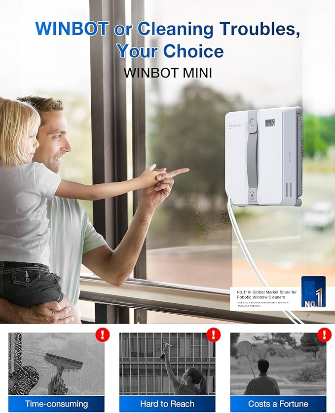 ECOVACS WINBOT Mini Window Cleaning Robot - Compact Design Dual Nozzles with Ultrasonic Spray 9-Stage Protection System Intelligent Path Planning 3 Cleaning Modes Anti-Slipping System
