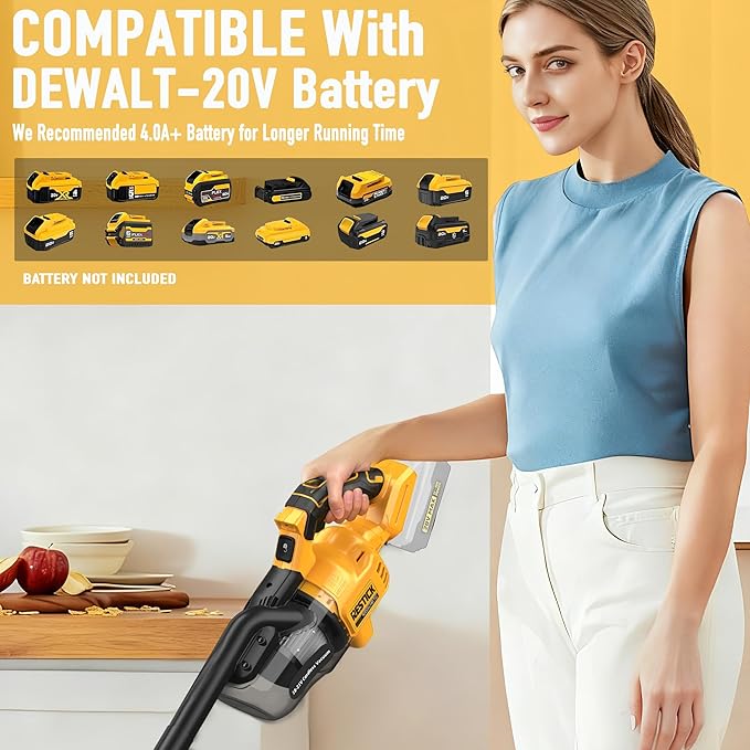 Cordless Vacuum Cleaner Compatible with Dewalt 20V Battery (No Battery) 50kPa 125AW Strong Suction | 5 HEPA Filters | 4-in-1 Nozzle | 65CFM Brushless Handheld Vacuum for Home Car Pet (Tool Only)