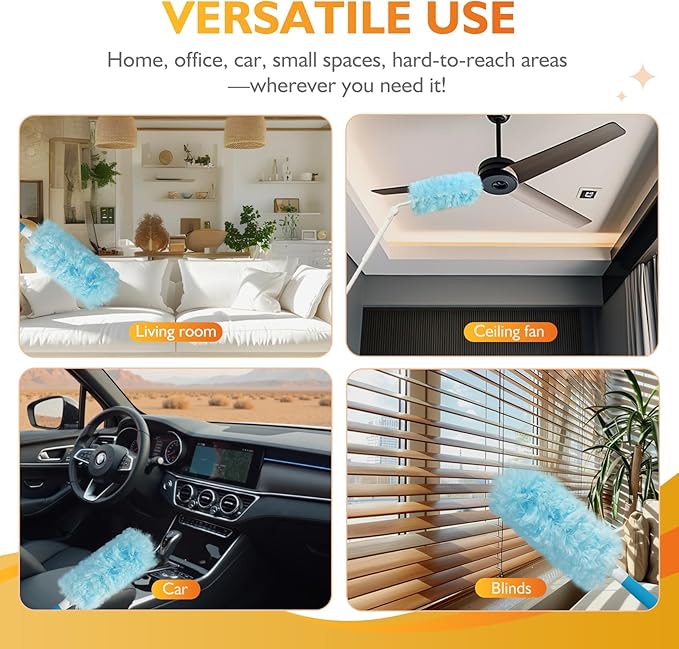 60PCS Fluffy 360° Heavy Duty Duster Refills fits Swiffer Duster 4X Dust Capture Power Unscented Disposable Electrostatic Dusters with 3ft Extended Handle for Furniture Electronics Blinds